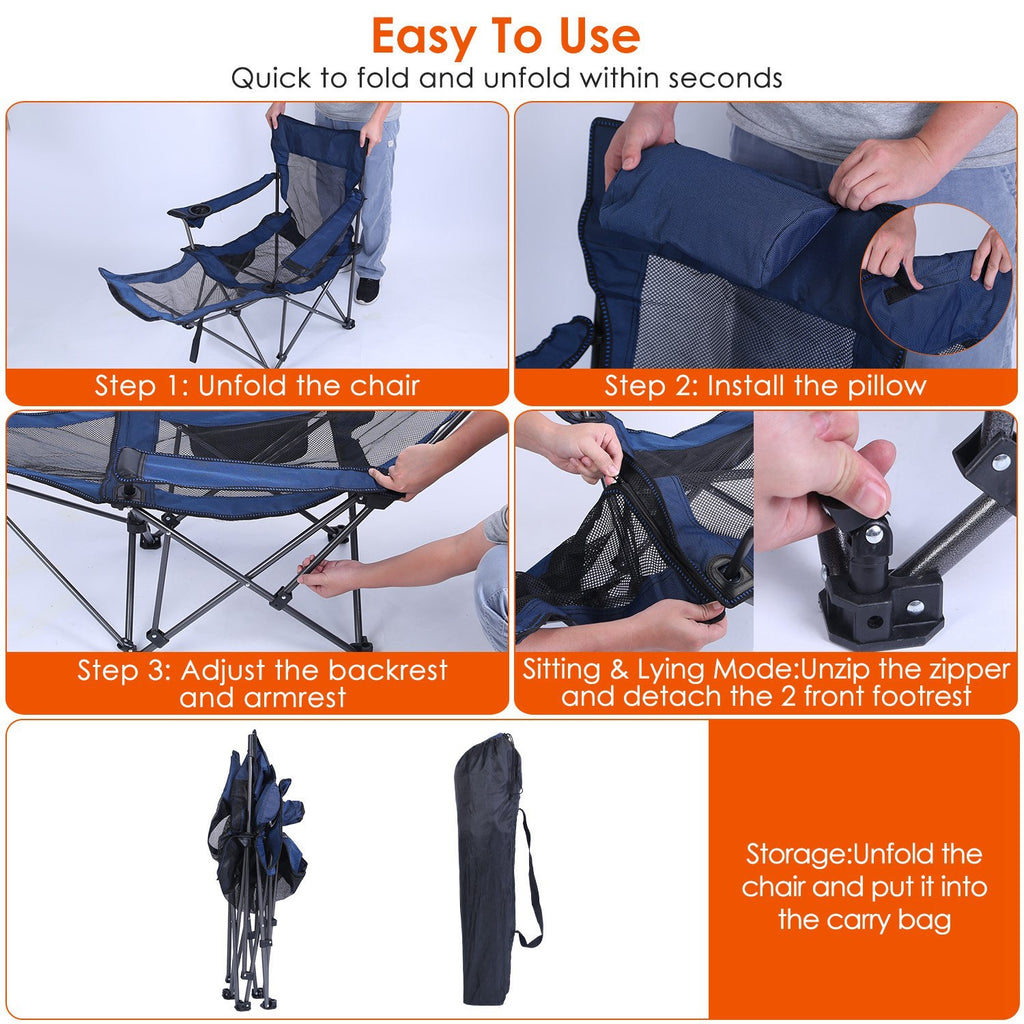 Foldable Camping Chair /Chair With Reclining Backrest Angle Cup Holder -Pillow Side Pocket- Carry Bag