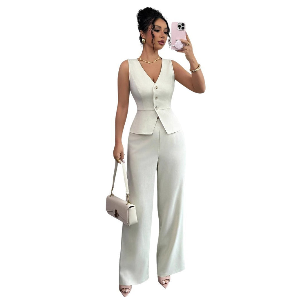 Sleeveless Slim Fit Vest /High Waist Trousers -Two-piece Set