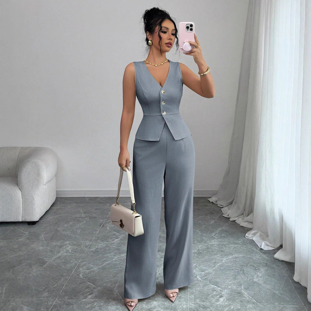 Sleeveless Slim Fit Vest /High Waist Trousers -Two-piece Set