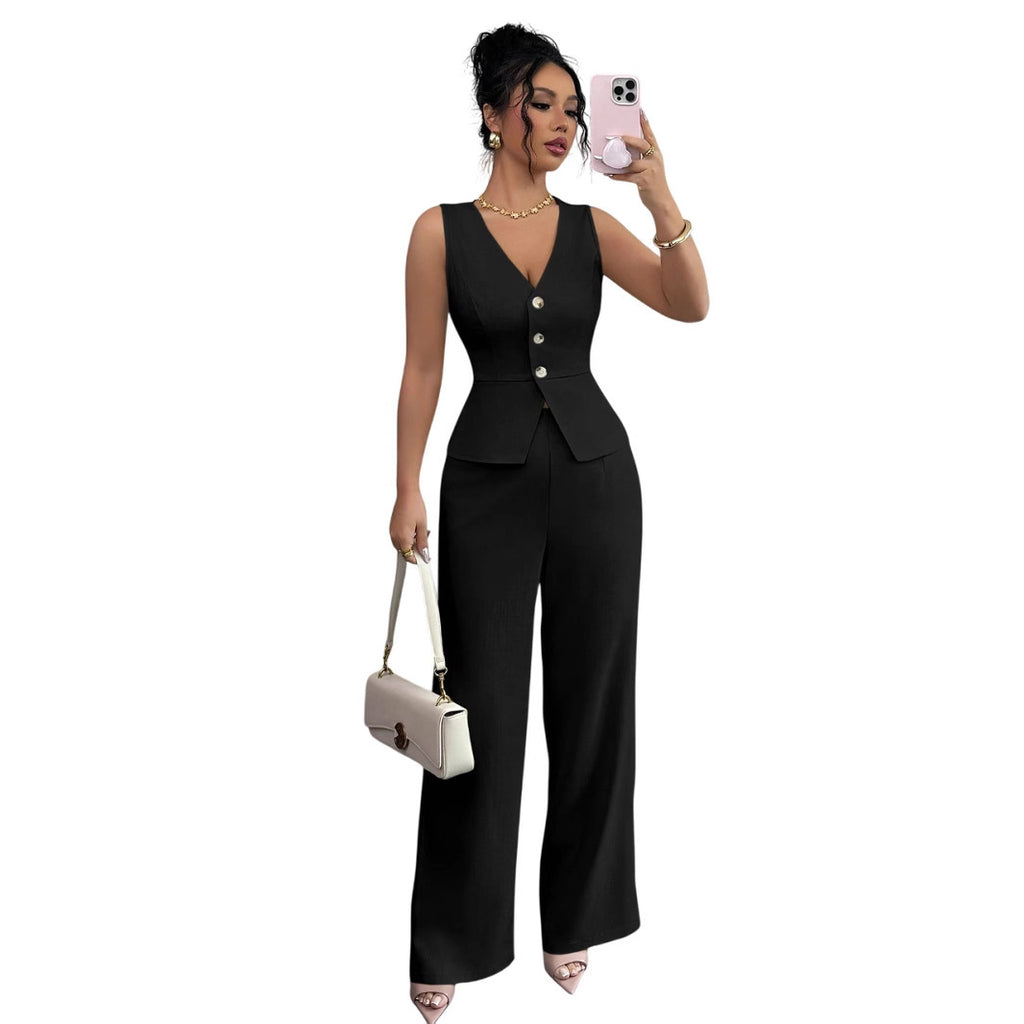 Sleeveless Slim Fit Vest /High Waist Trousers -Two-piece Set