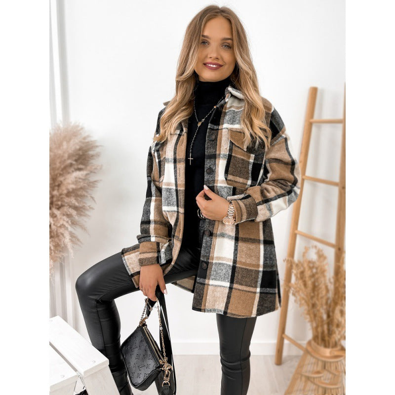Plaid Printed Blouse Collar Woolen Coat